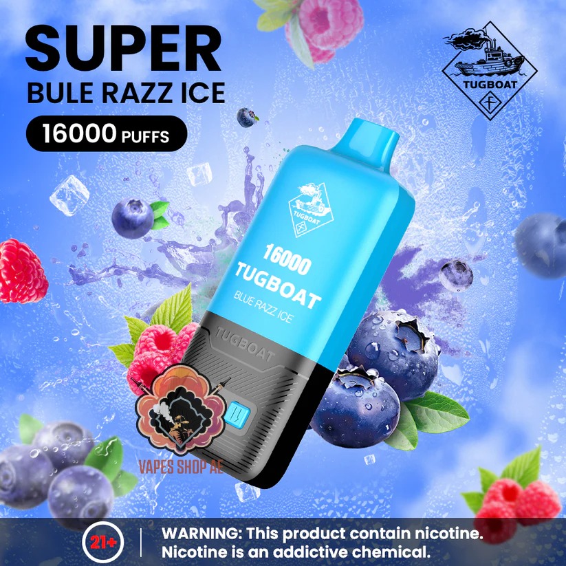 TUGBOAT Super 16000 Puffs 50MG Disposable Vape Price in Dubai Blue Razz Ice TUGBOAT Super 16000 Puffs 50MG Disposable Vape Price in Dubai Blue Razz Ice