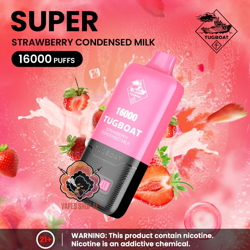TUGBOAT Super 16000 Puffs 50MG Disposable Vape Price in Dubai Strawberry Condensed Milk TUGBOAT Super 16000 Puffs 50MG Disposable Vape Price in Dubai Strawberry Condensed Milk