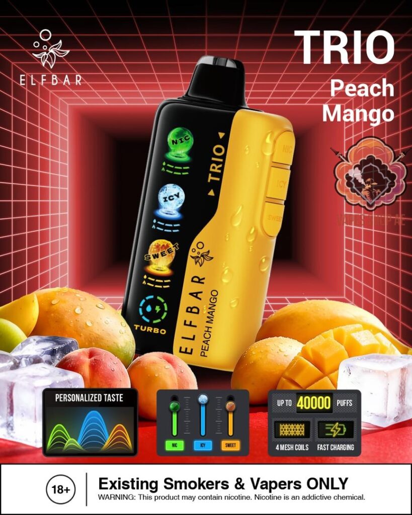 elfbar trio up to 40000 puffs 50mg peach mango