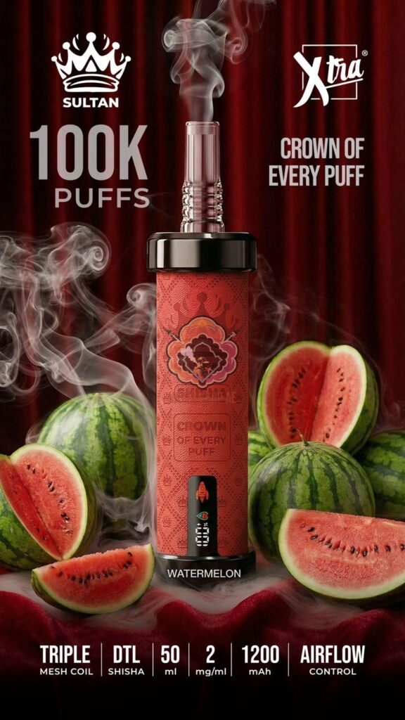 sultan xtra shisha dtl 100k puffs 2mg nicotine triple mesh vape watermelon